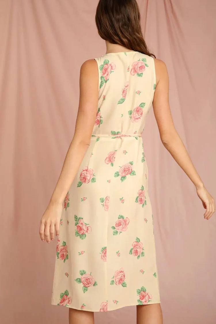 Romantic Rose Printed Sleeveless French Wrap Midi Dress - Yellow - Image 3