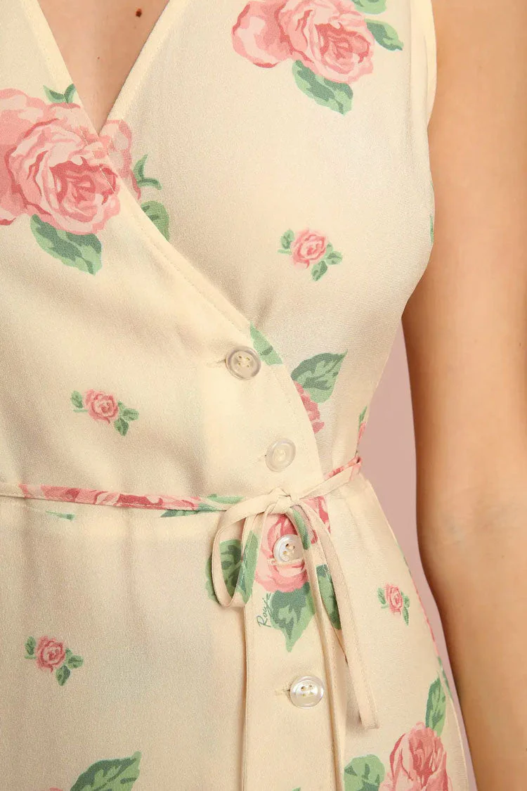 Romantic Rose Printed Sleeveless French Wrap Midi Dress - Yellow - Image 4