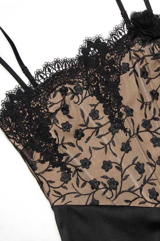 Rosette Detail Lace Satin Two Tone Corset Party Cami Slip Midi Dress - Black - Image 4