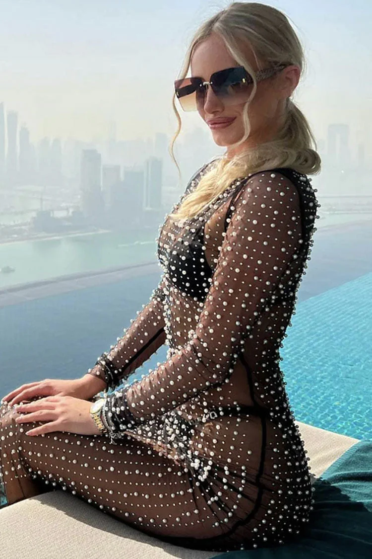 Round Neck Long Sleeve Faux Pearl Split Sheer Mesh Maxi Dress - Black - Image 3