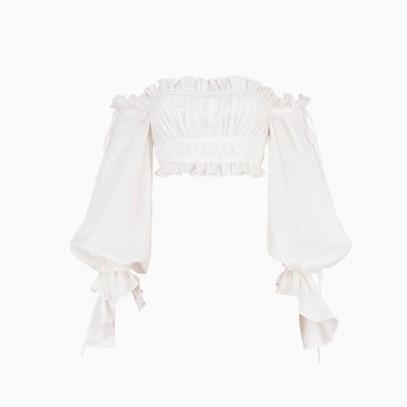 Ruffle Long Sleeve Ruched Off Shoulder Crop Top - White - Image 3