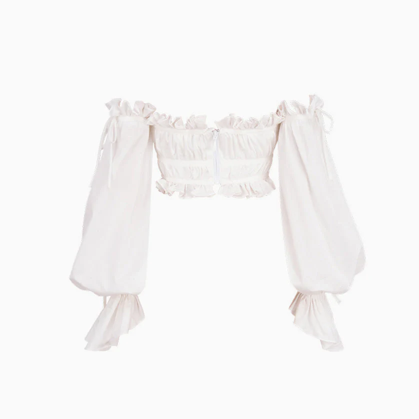 Ruffle Long Sleeve Ruched Off Shoulder Crop Top - White - Image 4