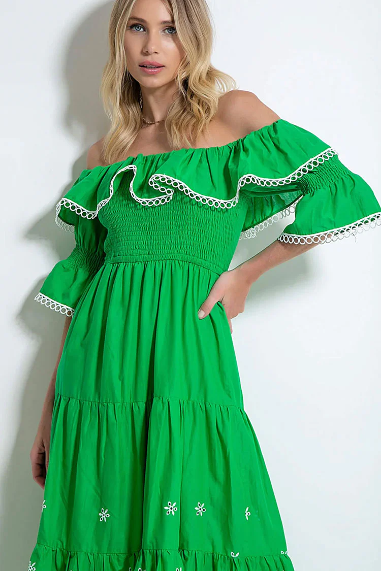 Ruffle Off The Shoulder Embroidered Floral Tiered Maxi Dress - Green - Image 3