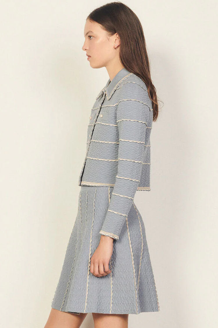 Scalloped Striped Cardigan Knit Skirt Two Piece Mini Dress - Blue - Image 3