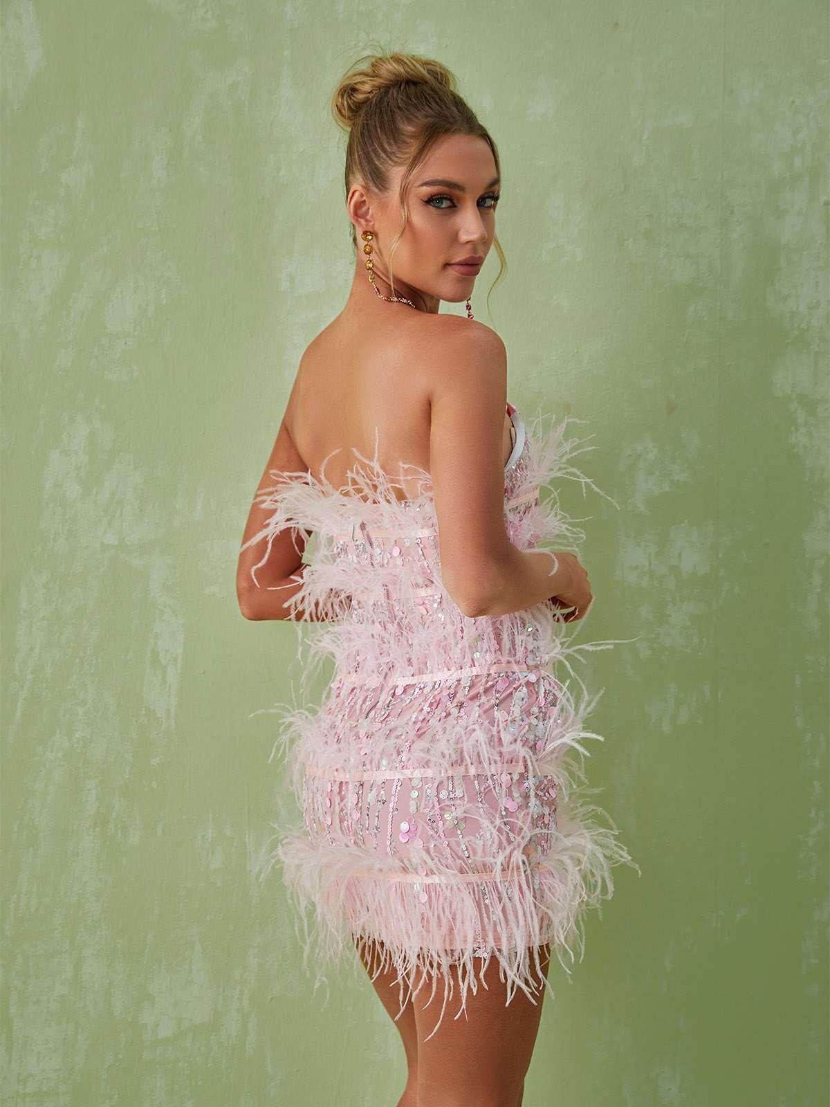 Senara Strapless Sequin Feather Mini Dress - Image 5