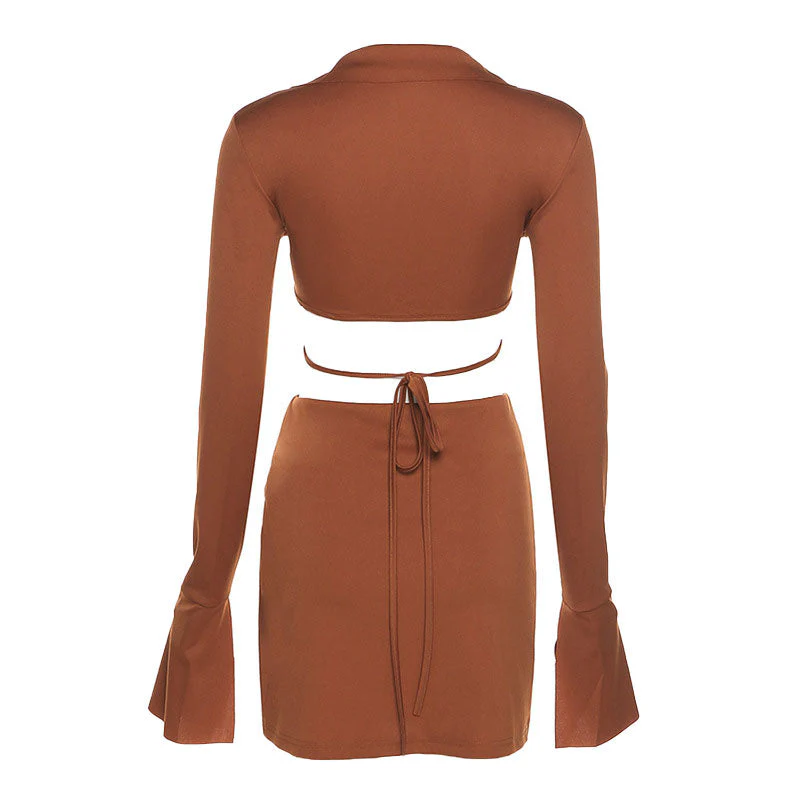 Long Sleeve Crop Blouse Skirt Matching Set - Chocolate - Image 4