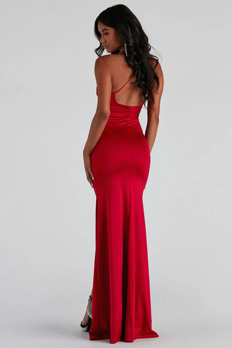 Silky Satin Deep V Ruched Front Slit Evening Maxi Dress - Red - Image 3