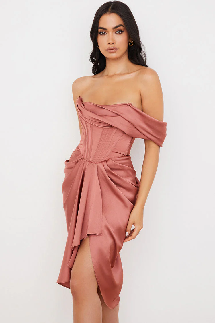 Silky Satin Off Shoulder Ruched Bodycon Midi Corset Dress - Dusty Pink - Image 3