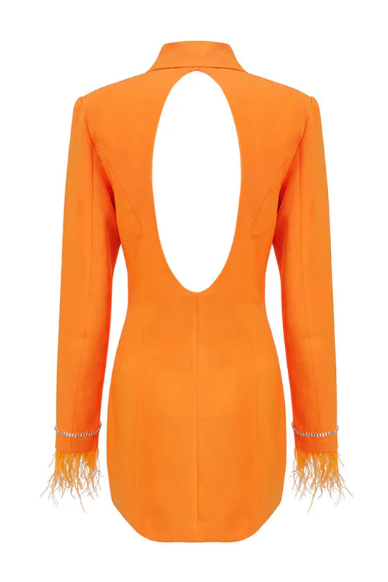 Sparkly Feather Trim Long Sleeve Cutout Back Blazer Mini Dress - Orange - Image 5