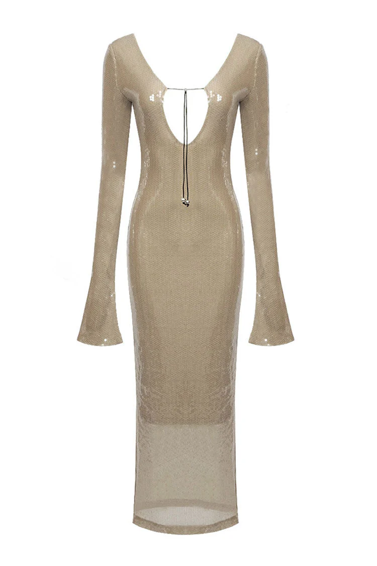 Sparkly Plunge Drawstring Cutout Mesh Sequin Maxi Dress - Nude - Image 4