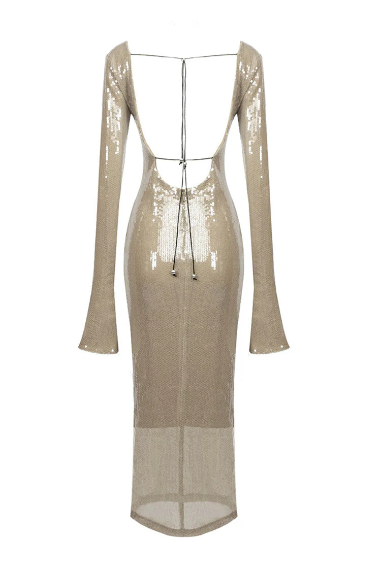 Sparkly Plunge Drawstring Cutout Mesh Sequin Maxi Dress - Nude - Image 5