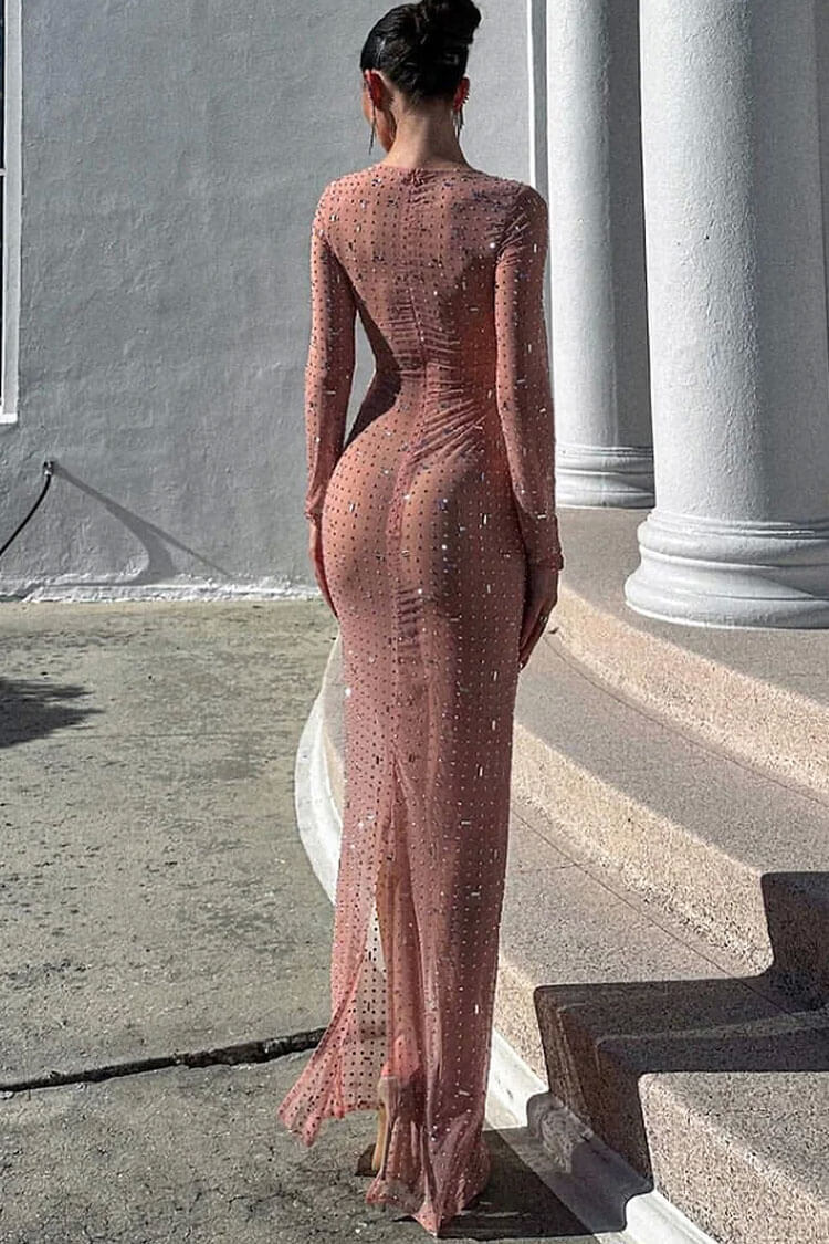 Sparkly Rhinestone Round Neck Long Sleeve Split Sheer Mesh Maxi Dress - Pink - Image 3