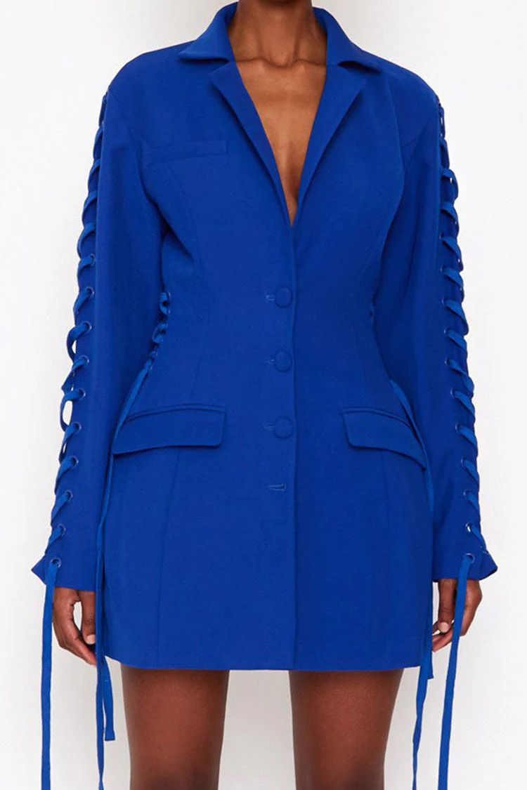 Stylish Long Sleeve Lace Up Lapel Fit & Flare Blazer Mini Dress - Blue - Image 3