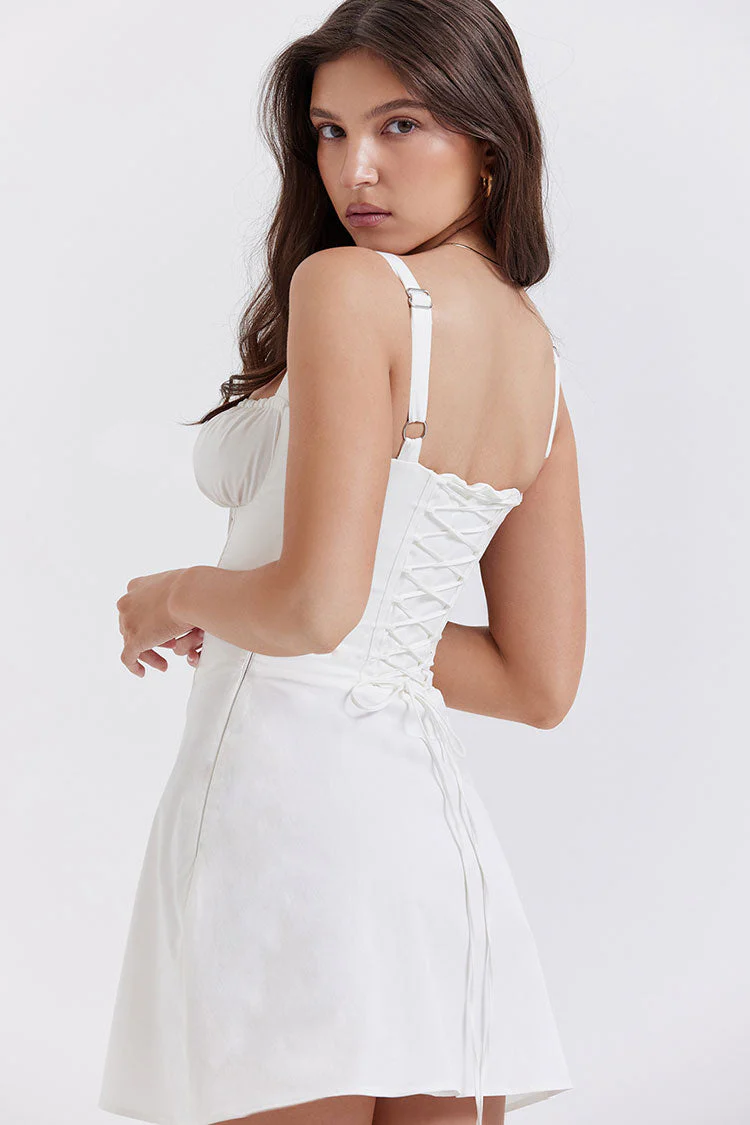 Tie Front Lace Up Back Fit & Flare Corset Mini Sundress - White - Image 4