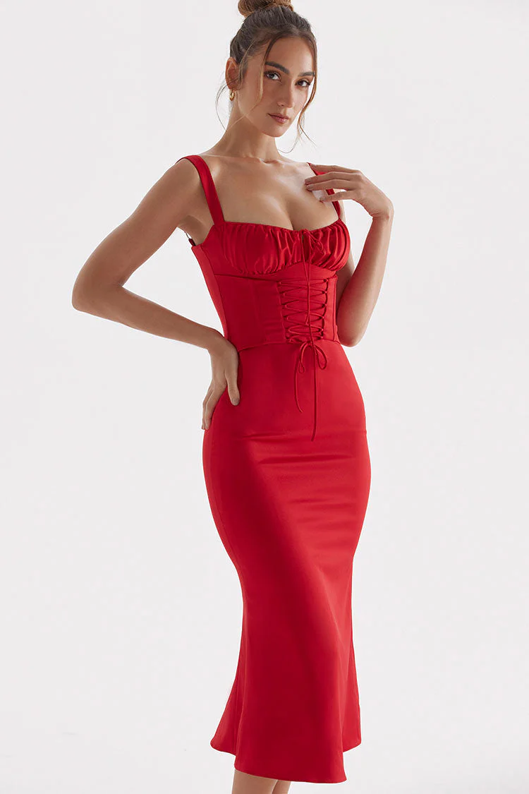 Tie Neck Lace Up Satin Corset Cocktail Party Midi Dress - Red - Image 3