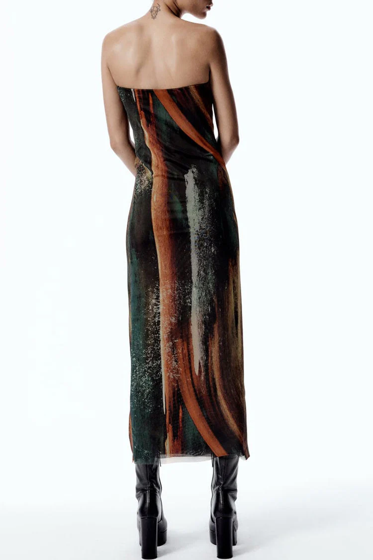 Vintage Style Abstract Printed Summer Strapless Mesh Maxi Dress - Brown - Image 3