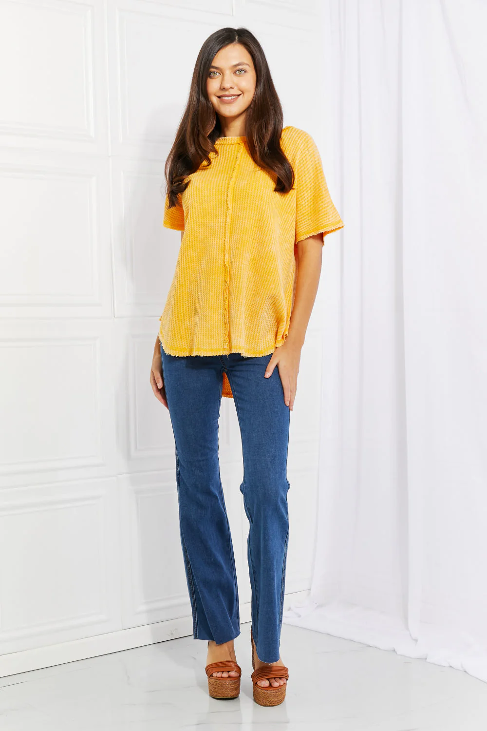 Zenana Start Small Washed Waffle Knit Top in Yellow Gold - Image 3