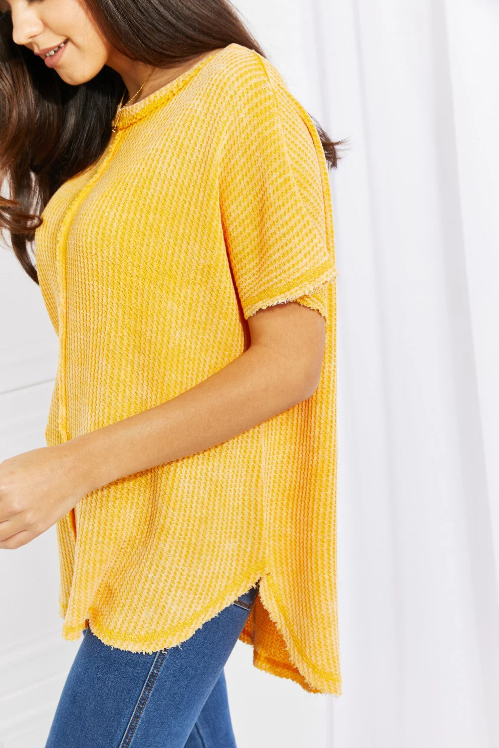 Zenana Start Small Washed Waffle Knit Top in Yellow Gold - Image 4