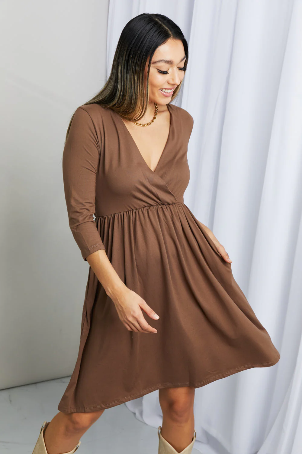 Zenana Three-Quarter Sleeve Surplice Dress with Pockets in Mocha - Image 3