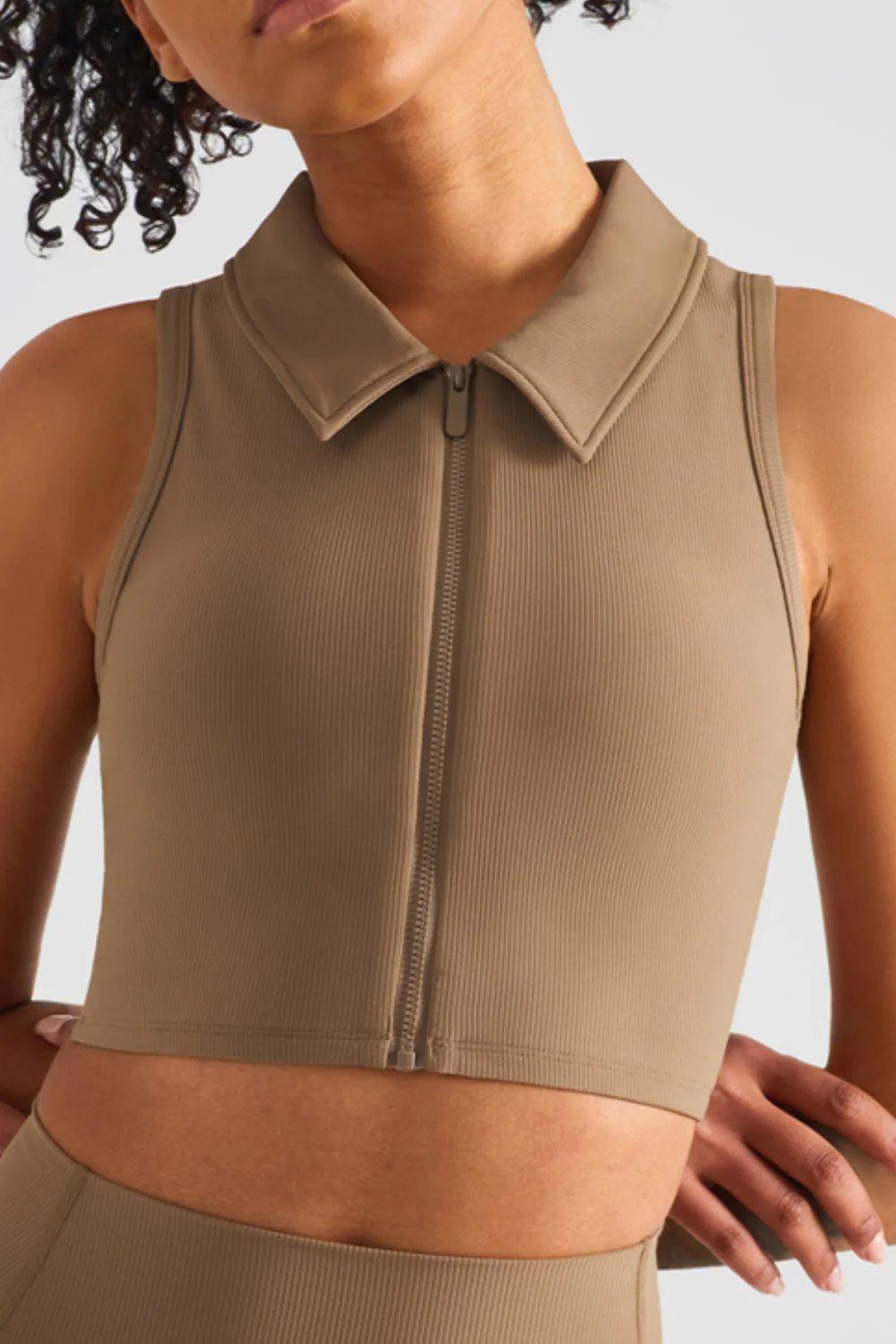 Zip Up Collared Cropped Sports Top - Image 11